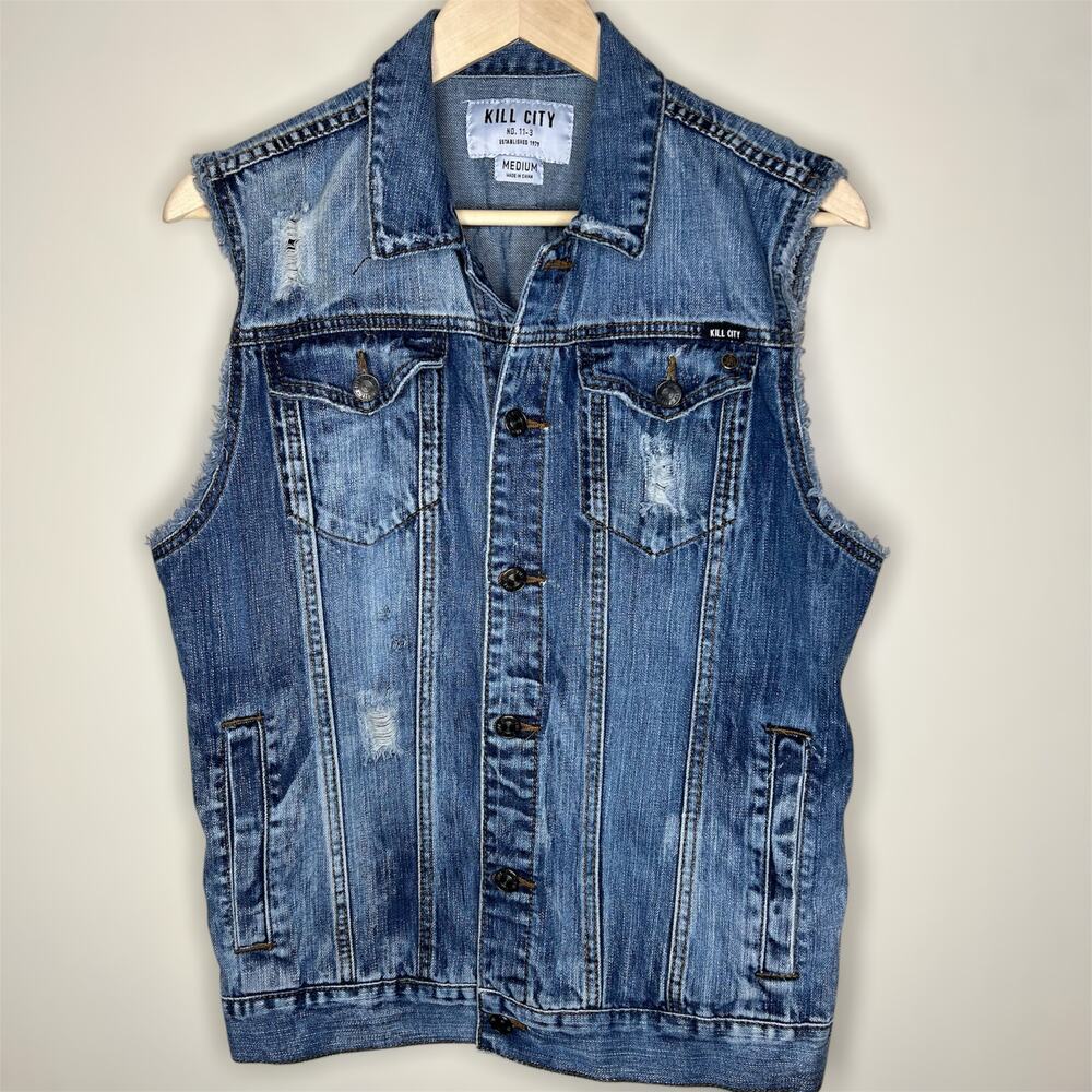 Kill City Denim Trucker Vest Medium Mens Distressed Punk Grunge Gritty Rock Jean
